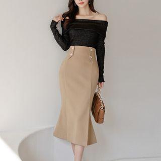 Set: Long-sleeve Cold Shoulder Top + Midi Mermaid Skirt