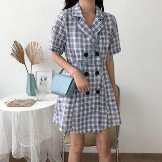 Short-sleeve Double Breasted Plaid A-line Mini Dress