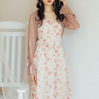 Spaghetti Strap Floral Print Midi Dress / Belt-sleeve Shrug / Set