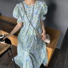 Puff-sleeve Floral Print Pleated Midi A-line Dress