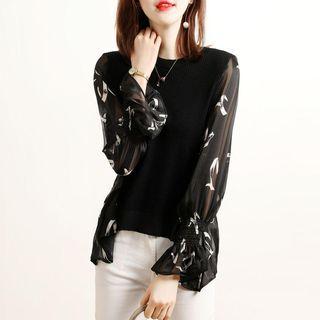 Mock Two-piece Puff-sleeve Printed Knit Top