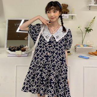 Short-sleeve Patterned Lace Collar A-line Mini Dress As Shown In Figure - One Size