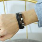 Stainless Steel Leather Layered Bracelet 1418 - Black & Silver - One Size
