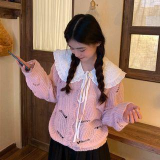 Lace Peter Pan Collar Pointelle-knit Sweater Pink - One Size