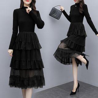 Long-sleeve Mesh Tiered Knit Midi A-line Dress