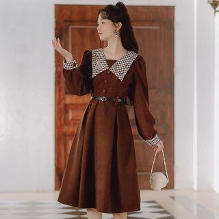 Long-sleeve Diamond Pattern Collared Midi A-line Dress