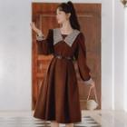 Long-sleeve Diamond Pattern Collared Midi A-line Dress
