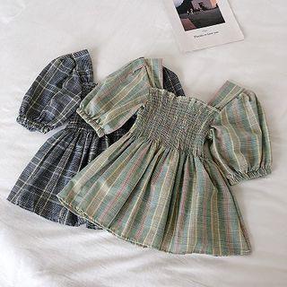 Check Square-neck Frilled Puff-sleeve Top