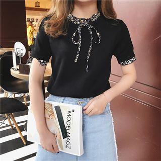 Floral Print Trim Short-sleeve Top
