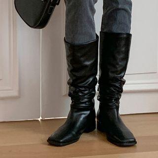 Square-toe Shirred Mid-calf Boots