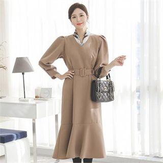Puff-shoulder Ruffle-hem Dress With Belt