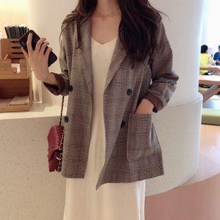 Spaghetti Strap Knit Midi A-line Dress / Plaid Blazer