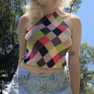 Halter Neck Plaid Knitted Vest