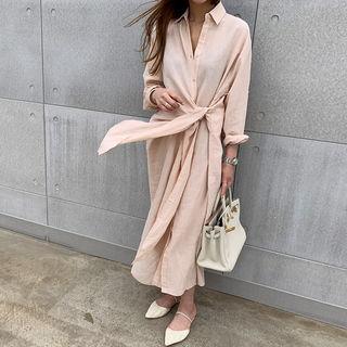 Self-tie Hemp Blend Maxi Shirtdress