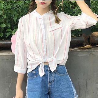 Striped 3/4-sleeve Stand Collar Shirt