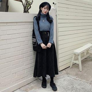 Turtle Neck Long-sleeve Plain Sweater / High-waist Plain Skirt