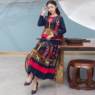 Set: Floral Print Long-sleeve Top + Horse Print Midi A-line Skirt