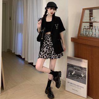 Elbow-sleeve Chained Blazer / Leopard Print A-line Mini Skirt