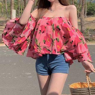 Wide-leg Off Shoulder Floral Blouse Red - One Size
