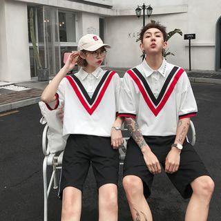 Couple Matching Elbow-sleeve Contrast Trim Polo Shirt