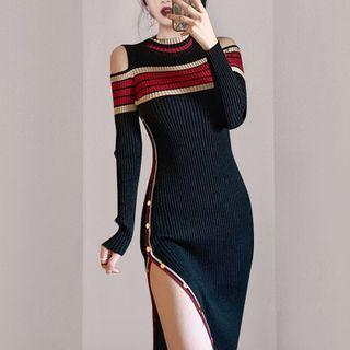Cold-shoulder Color Block Slit Knit Midi Sheath Dress