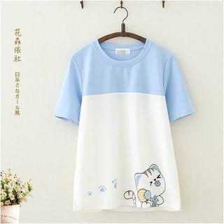 Short-sleeve Cat Print Two-tone T-shirt