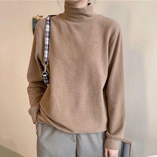 Mock-turtleneck Smiley Face Embroidered Long-sleeve Top