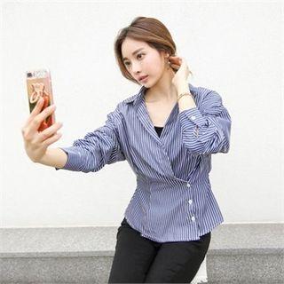 Long-sleeve Asymmetric-button Stripe Shirt