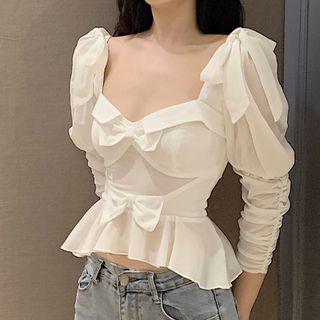 Bow Chiffon Peplum Cropped Blouse