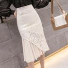 Lace Panel Fitted Midi Skirt