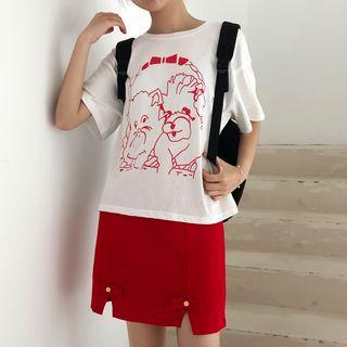 Short-sleeve Cartoon Print T-shirt / Notch Hem A-line Skirt
