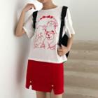 Short-sleeve Cartoon Print T-shirt / Notch Hem A-line Skirt