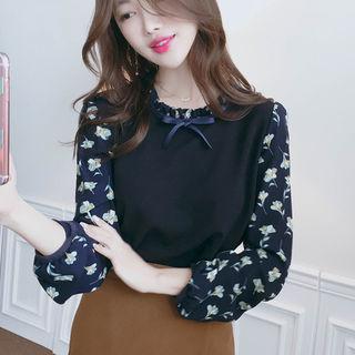 Beribboned Puff-sleeve Floral Blouse