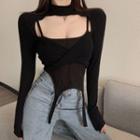 Asymmetrical Panel Crop Camisole / Turtle-neck Twist-front Long Sleeve Ribbed Top