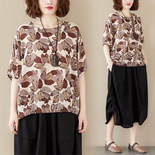 Elbow-sleeve Leaf Print Blouse As Shown In Figure - One Size