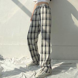 High-waist Drawstring Plaid Shift Wide-leg Pants