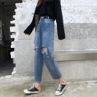 Distressed High-waist Cropped Straight-fit Jeans