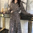 Leopard Long-sleeve Midi Shirt Dress Leopard - One Size