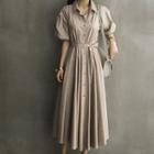 Puff-sleeve Flared Long Shirtdress With Sash