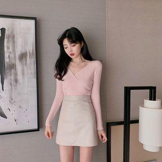 Set: V-neck Ribbed Knit Top + Faux Leather A-line Skirt