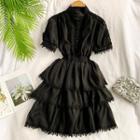 Short-sleeve Tiered A-line Dress Black - One Size