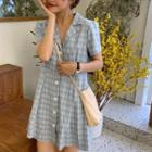 Short-sleeve Plaid Mini A-line Dress Blue - One Size
