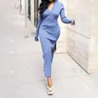 Deep V-neck Hooded Open-back Slit Midi Dress