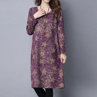 Star Print Long-sleeve A-line Midi Dress