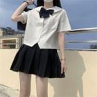 Crop Shirt With Bowtie / Pleated Mini A-line Skirt