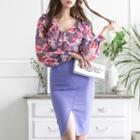 Flower Print Blouse / High-waist Pencil Skirt