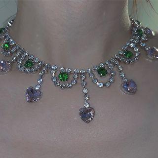 Rhinestone Heart Choker 1pc - Silver & Green & Pink - One Size