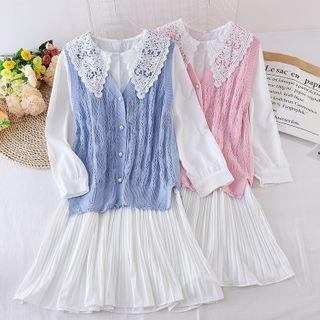 Set: Long-sleeve Lace Collar A-line Dress + Pointelle Knit Vest