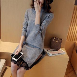 Set: Mock-neck Long Knit Top + Skirt