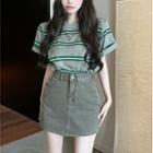 Striped Loose T-shirt / High-waist Denim Mini Skirt